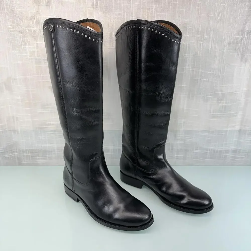 Frye Melissa Button 2 Riding Boots Black Leather Studded Equestrian Women 5.5B